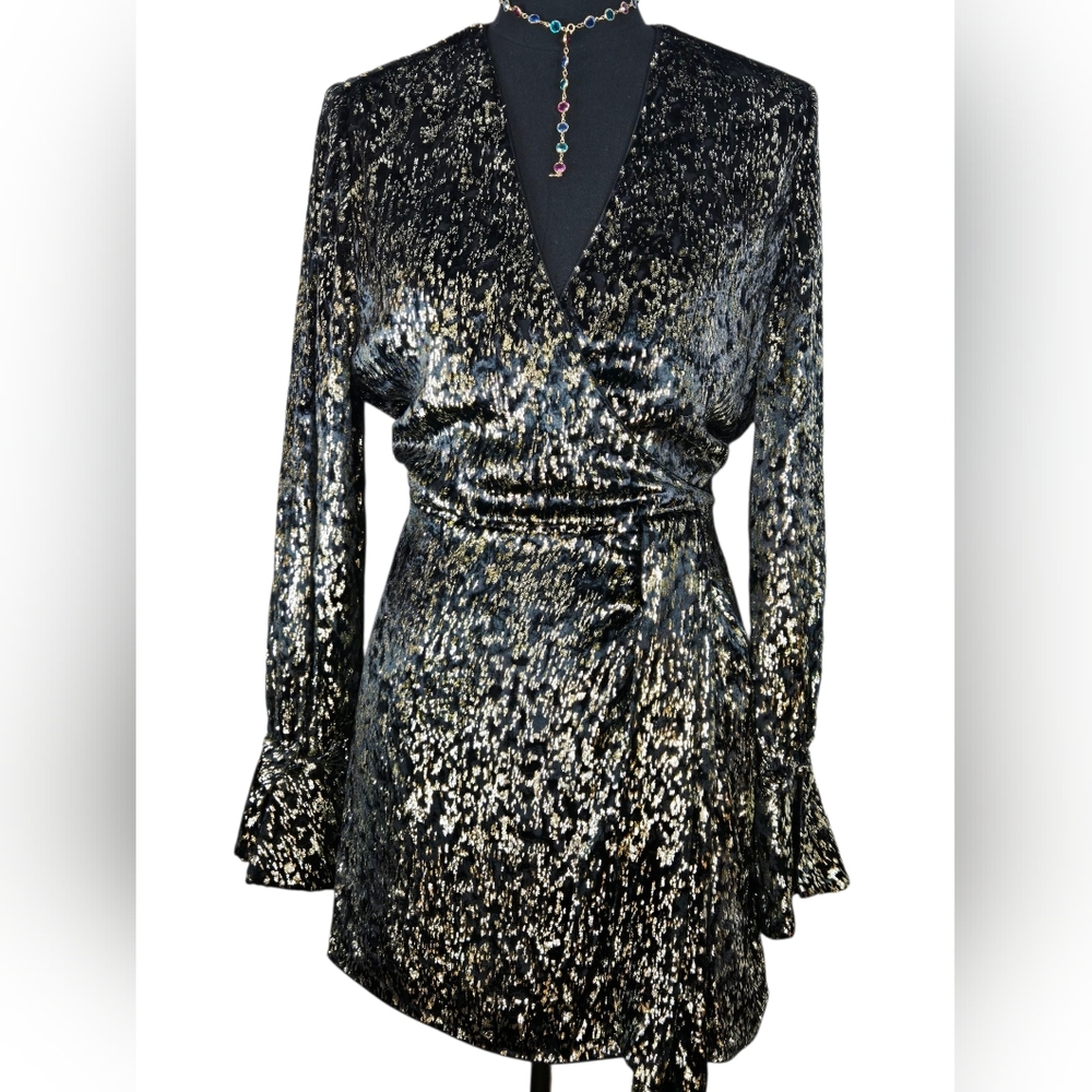 NWT $595 Simkhai Camryn Metallic Faux Wrap Mini Dress Black Gold Sz 10 Party - Picture 11 of 15